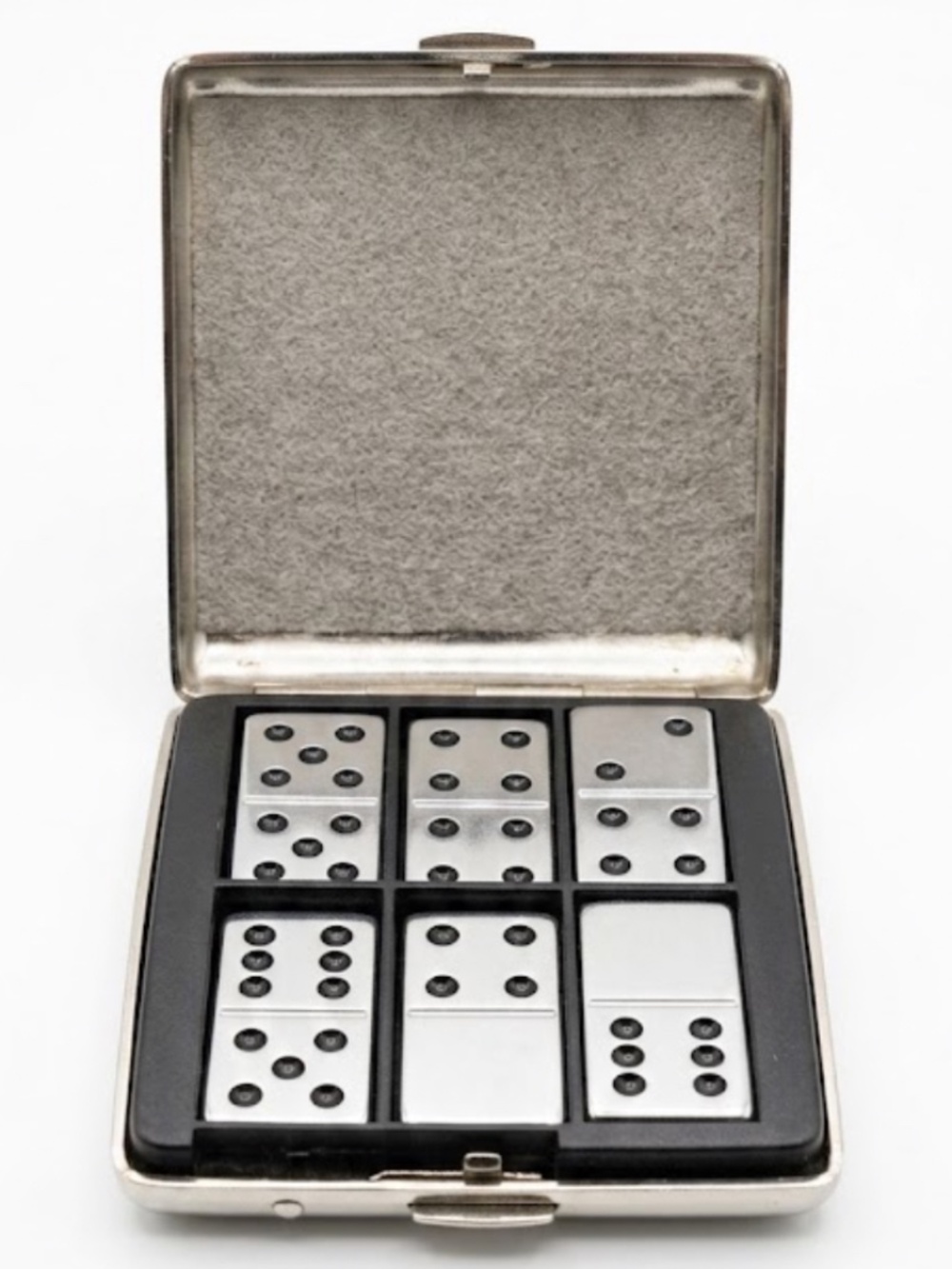 Vintage Miniature Metal Dominoes Set with Chrome Travel Case - Silver & Black